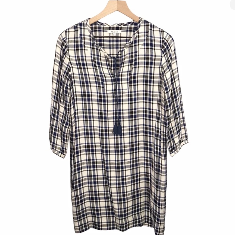 Madewell | Plaid Artiste Shirt Dress | Long Sleeve | Tassel | Blue & Cream | XS